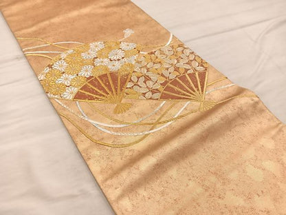 平和屋着物◎太鼓柄袋帯 扇面花文 金銀糸 引箔 正絹 逸品 BAAX4239mz