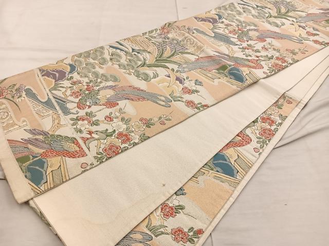 平和屋着物◎六通柄袋帯 孔雀花文 金糸 正絹 逸品 BAAX4240mz