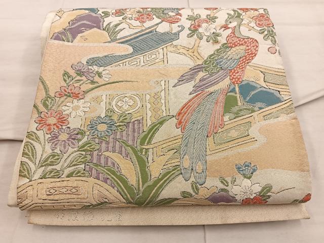 平和屋着物◎六通柄袋帯 孔雀花文 金糸 正絹 逸品 BAAX4240mz