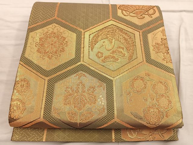 平和屋着物◎佐賀錦 六通柄袋帯 亀甲飛鶴花文 金糸 正絹 逸品 BAAX4246mz