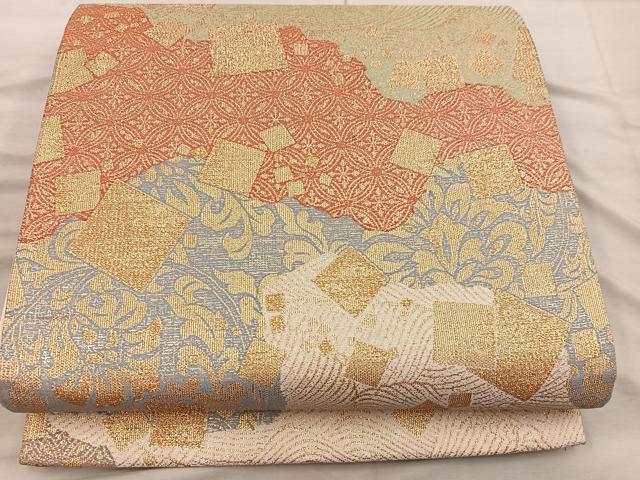 平和屋着物◎六通柄袋帯 色紙重ね花文 金糸 正絹 逸品 BAAX4261mz