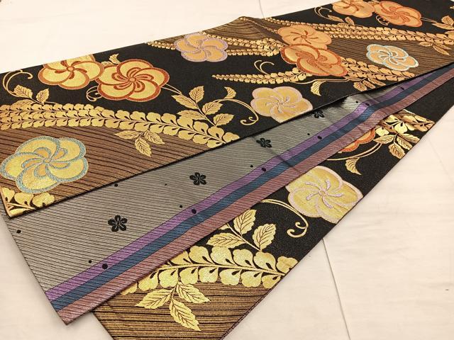 平和屋着物◎西陣 六通柄袋帯 梅花文 黒地 金糸 正絹 逸品 BAAX4267mz