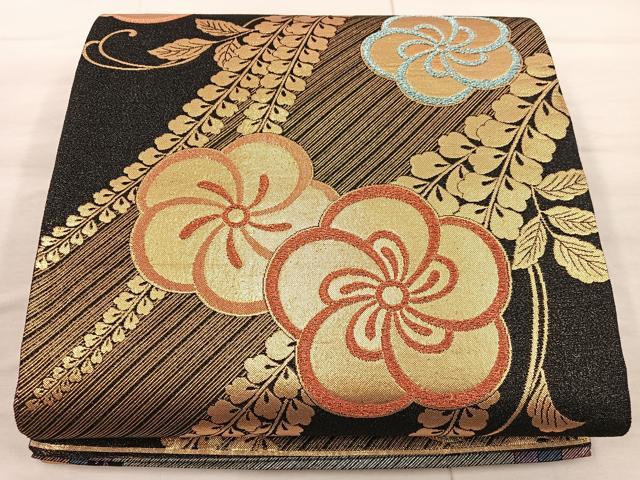 平和屋着物◎西陣 六通柄袋帯 梅花文 黒地 金糸 正絹 逸品 BAAX4267mz