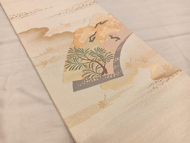 平和屋着物◎六通柄袋帯 綴れ 地紙重ね枝花文 金糸 正絹 逸品 BAAX4275mz