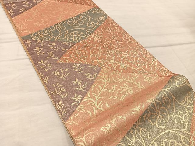 平和屋着物◎六通柄袋帯　切嵌草花文　金糸　正絹　逸品　BAAX4281mz
