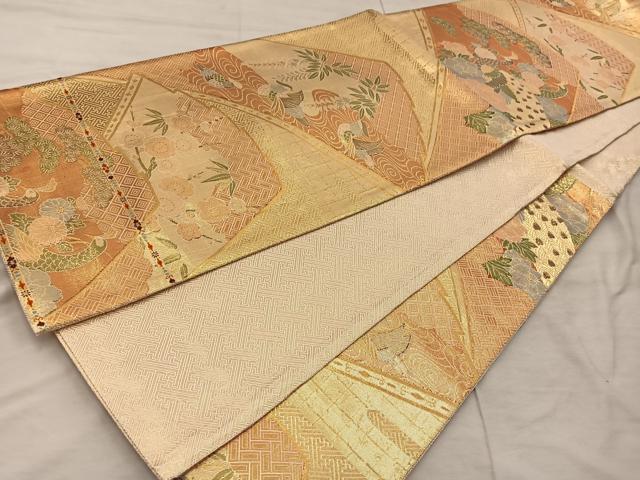平和屋着物◎本佐賀錦　六通柄袋帯　花鳥扇面紋　金糸　正絹　逸品　BAAX4288mz