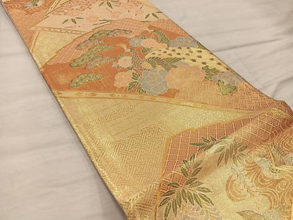 平和屋着物◎本佐賀錦　六通柄袋帯　花鳥扇面紋　金糸　正絹　逸品　BAAX4288mz