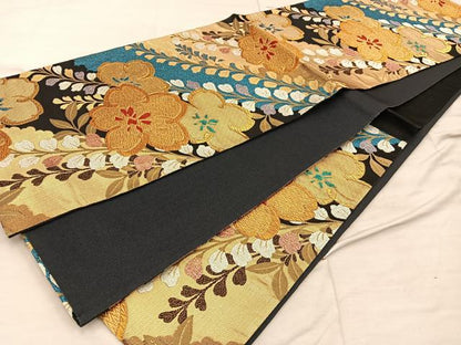 平和屋着物◎六通柄袋帯　彩苑　黒地　金糸　正絹　逸品　BAAX4289mz