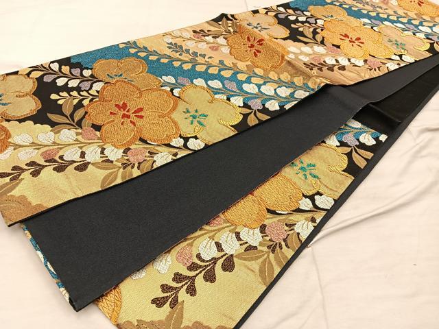 平和屋着物◎六通柄袋帯　彩苑　黒地　金糸　正絹　逸品　BAAX4289mz