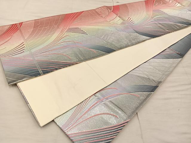 平和屋着物◎六通柄袋帯　幾何学文様　銀糸　正絹　逸品　BAAX4291mz