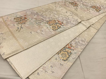 平和屋着物◎六通柄袋帯　御所車花文　金糸　正絹　逸品　BAAX4297mz