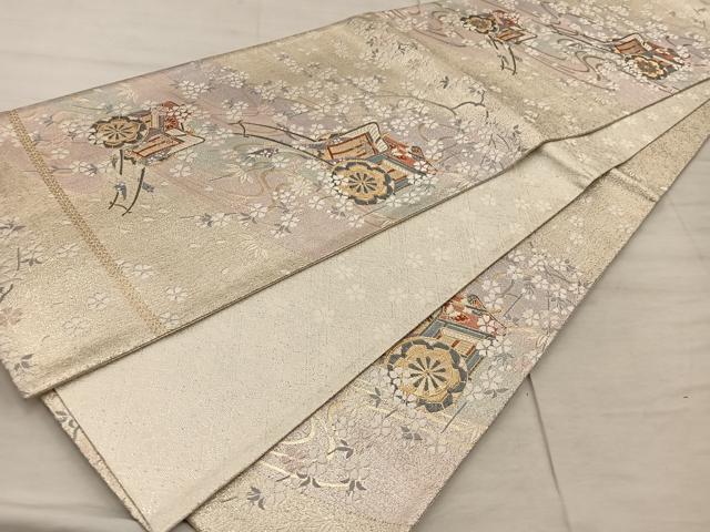 平和屋着物◎六通柄袋帯　御所車花文　金糸　正絹　逸品　BAAX4297mz