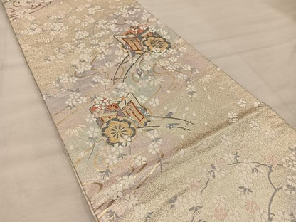 平和屋着物◎六通柄袋帯　御所車花文　金糸　正絹　逸品　BAAX4297mz