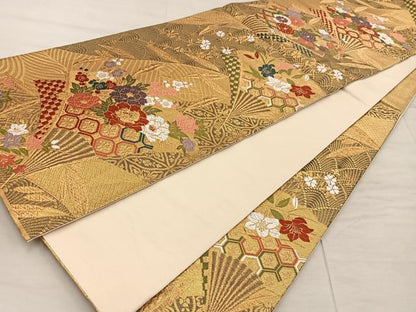 平和屋着物◎六通柄袋帯　唐織　扇面花文　金糸　正絹　逸品　BAAX4298mz
