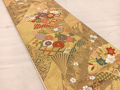 平和屋着物◎六通柄袋帯　唐織　扇面花文　金糸　正絹　逸品　BAAX4298mz