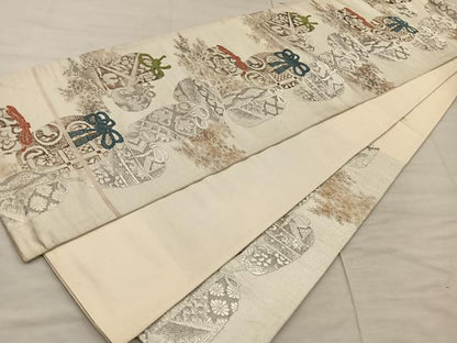 平和屋着物◎六通柄袋帯 仕覆花文 銀糸 正絹 逸品 BAAX4302mz