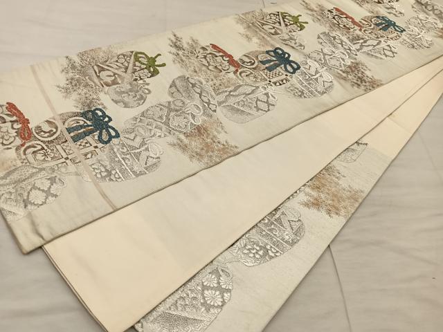 平和屋着物◎六通柄袋帯 仕覆花文 銀糸 正絹 逸品 BAAX4302mz
