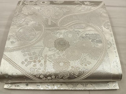 平和屋着物◎六通柄袋帯　菊花文　プラチナ銀箔二重織　正絹　逸品　BAAX4304mz