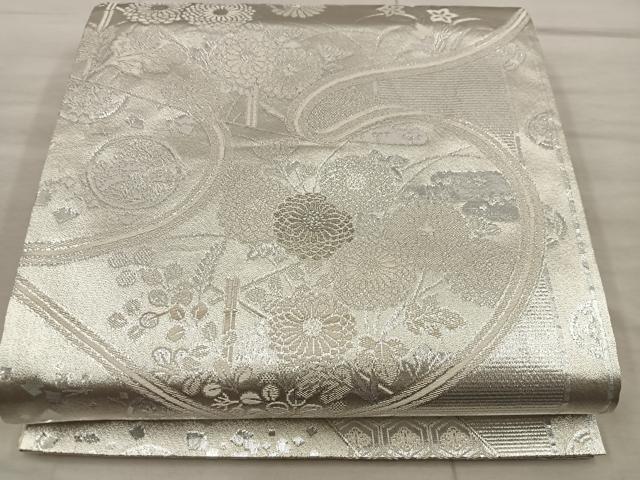 平和屋着物◎六通柄袋帯　菊花文　プラチナ銀箔二重織　正絹　逸品　BAAX4304mz