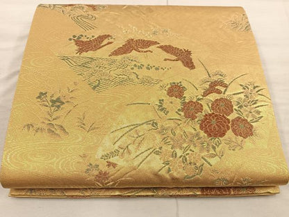 平和屋着物◎六通柄袋帯 飛鶴花文 金糸 正絹 逸品 BAAX4310mz