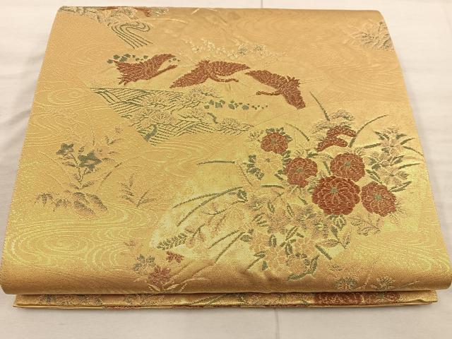 平和屋着物◎六通柄袋帯 飛鶴花文 金糸 正絹 逸品 BAAX4310mz
