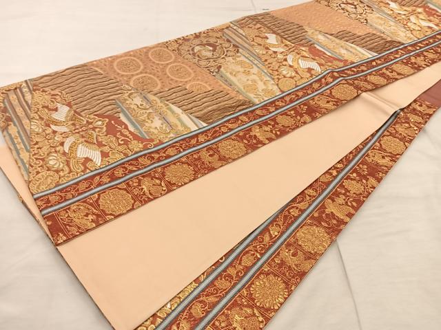 平和屋着物◎六通柄袋帯　向かい鳥花文　金糸　正絹　逸品　BAAX4314mz