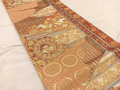 平和屋着物◎六通柄袋帯　向かい鳥花文　金糸　正絹　逸品　BAAX4314mz