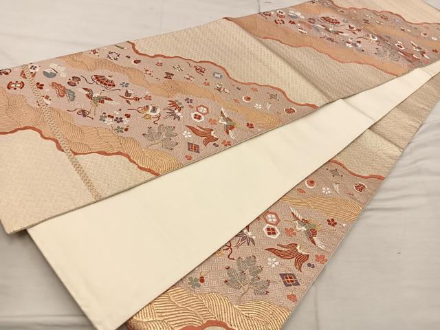 平和屋着物◎六通柄袋帯　宝尽くし飛鶴花文　金糸　正絹　逸品　BAAX4315mz