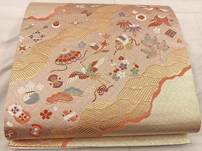 平和屋着物◎六通柄袋帯　宝尽くし飛鶴花文　金糸　正絹　逸品　BAAX4315mz