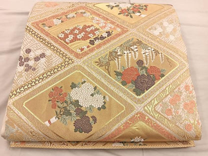 平和屋着物◎六通柄袋帯 唐織 菱花文 金糸 正絹 逸品 BAAX4329mz