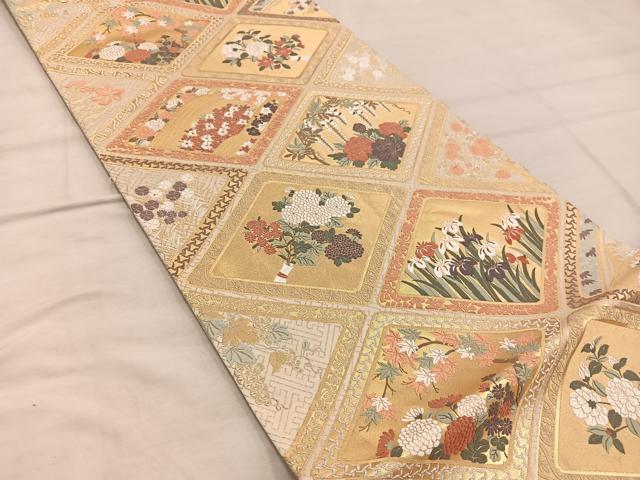 平和屋着物◎六通柄袋帯 唐織 菱花文 金糸 正絹 逸品 BAAX4329mz