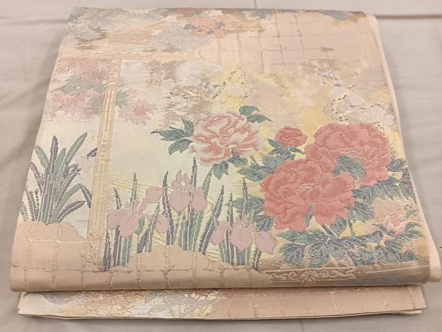 平和屋着物◎六通柄袋帯　牡丹文　金糸　正絹　逸品　BAAX4331mz