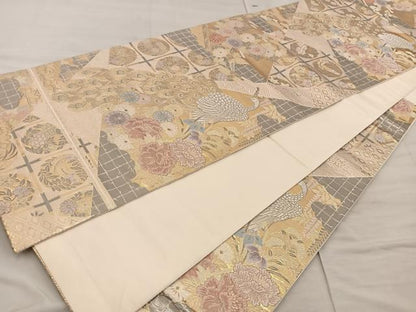 平和屋着物◎六通柄袋帯 孔雀花文 プラチナ二重箔 正絹 逸品 未使用 BAAX4342mz