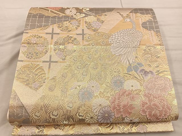 平和屋着物◎六通柄袋帯 孔雀花文 プラチナ二重箔 正絹 逸品 未使用 BAAX4342mz