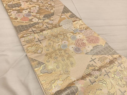 平和屋着物◎六通柄袋帯 孔雀花文 プラチナ二重箔 正絹 逸品 未使用 BAAX4342mz