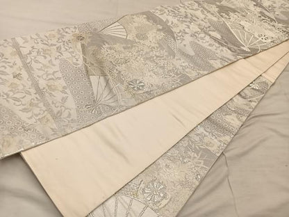 平和屋着物◎六通柄袋帯　美保姿　扇面花文　銀糸　正絹　逸品　BAAX4347mz