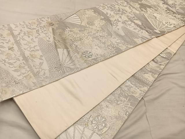 平和屋着物◎六通柄袋帯　美保姿　扇面花文　銀糸　正絹　逸品　BAAX4347mz