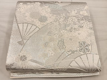 平和屋着物◎六通柄袋帯　美保姿　扇面花文　銀糸　正絹　逸品　BAAX4347mz