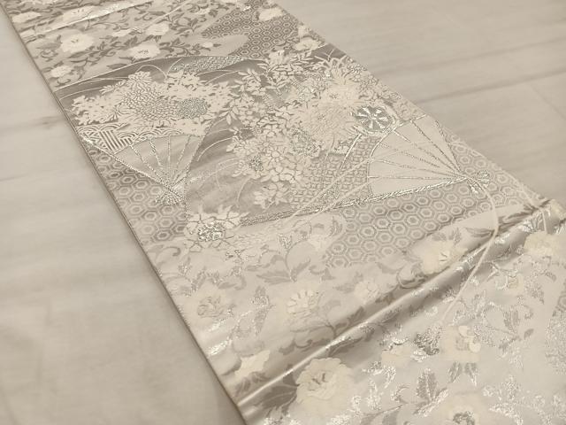 平和屋着物◎六通柄袋帯　美保姿　扇面花文　銀糸　正絹　逸品　BAAX4347mz