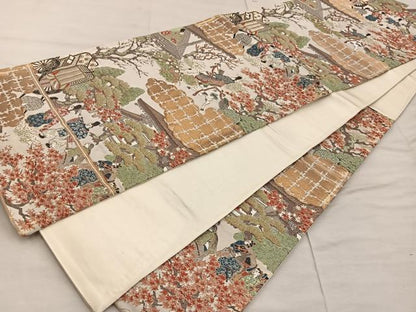 平和屋着物◎六通柄袋帯　人物風景文　金糸　正絹　逸品　BAAX4348mz