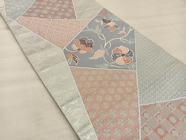 平和屋着物◎六通柄袋帯　切嵌花文　銀糸　正絹　逸品　BAAX4349mz