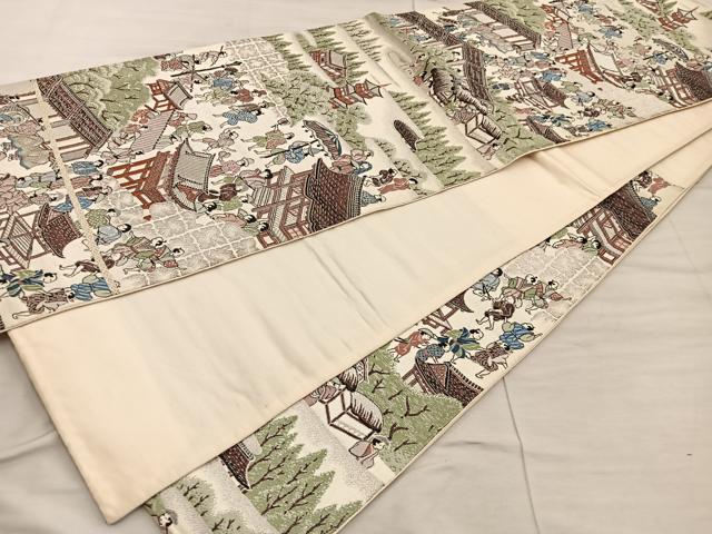 平和屋着物◎六通柄袋帯　平安人物風景花文　銀糸　正絹　逸品　BAAX4351mz
