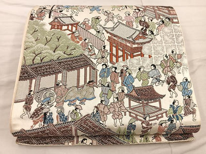 平和屋着物◎六通柄袋帯　平安人物風景花文　銀糸　正絹　逸品　BAAX4351mz