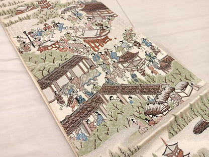 平和屋着物◎六通柄袋帯　平安人物風景花文　銀糸　正絹　逸品　BAAX4351mz