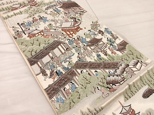 平和屋着物◎六通柄袋帯　平安人物風景花文　銀糸　正絹　逸品　BAAX4351mz