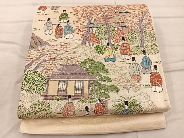 平和屋着物◎六通柄袋帯　平安人物風景文　金糸　正絹　逸品　BAAX4355mz