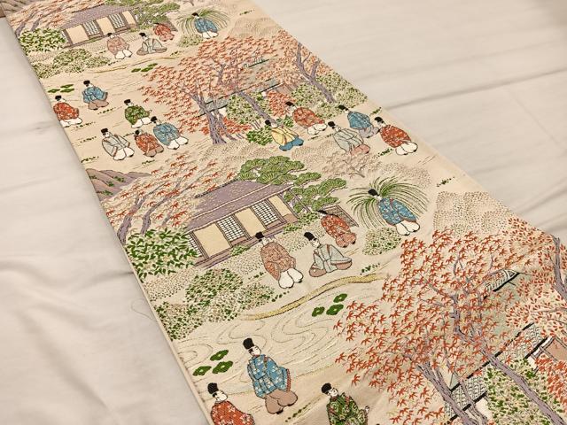 平和屋着物◎六通柄袋帯　平安人物風景文　金糸　正絹　逸品　BAAX4355mz