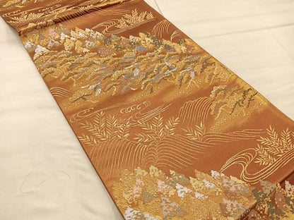 平和屋着物◎六通柄袋帯 飛鶴樹林文 金糸 正絹 逸品 未使用 BAAX4356mz