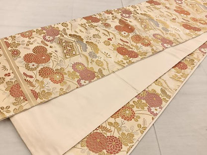 平和屋着物◎全通柄袋帯　菊花文　金糸　正絹　逸品　BAAX4375mz