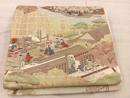 平和屋着物◎六通柄袋帯　人物風景文　金糸　正絹　逸品　BAAX4378mz